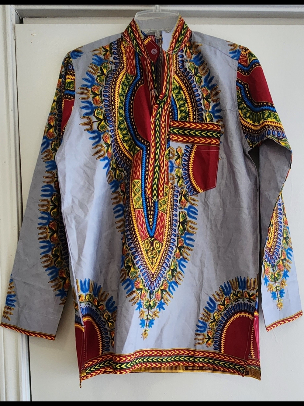 Men's Gray Dashiki Shirt with Red & Multicolor Tribal Print